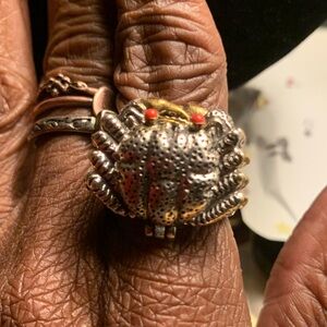 Silver Tone & Red Crab size 9 Adjustable Ring